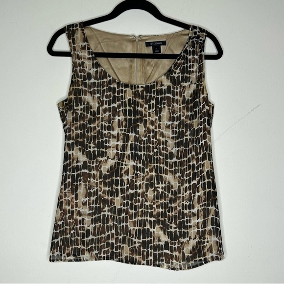 St. John Animal Print Sleeveless Top Blouse 100% Silk Brown Tan Cheetah Leopard - Picture 2 of 8